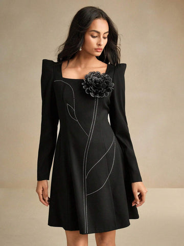 Anewsta Elegant Long Sleeve Dress With Floral Printed Square Neckline And Back Zipper