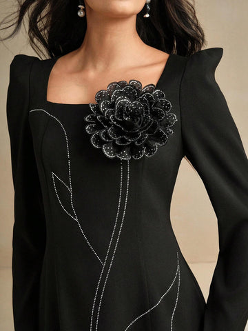 Anewsta Elegant Long Sleeve Dress With Floral Printed Square Neckline And Back Zipper