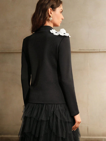 Elegant Petal Flower Jacquard Knit Turtleneck Sweater
