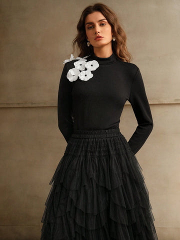 Elegant Petal Flower Jacquard Knit Turtleneck Sweater