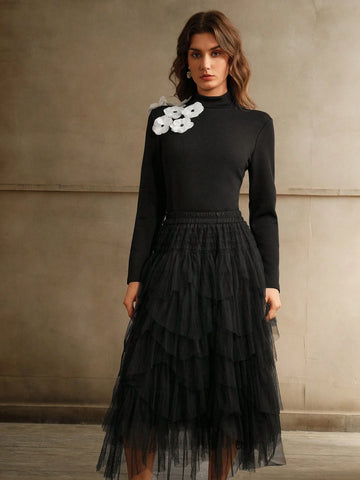 Elegant Petal Flower Jacquard Knit Turtleneck Sweater