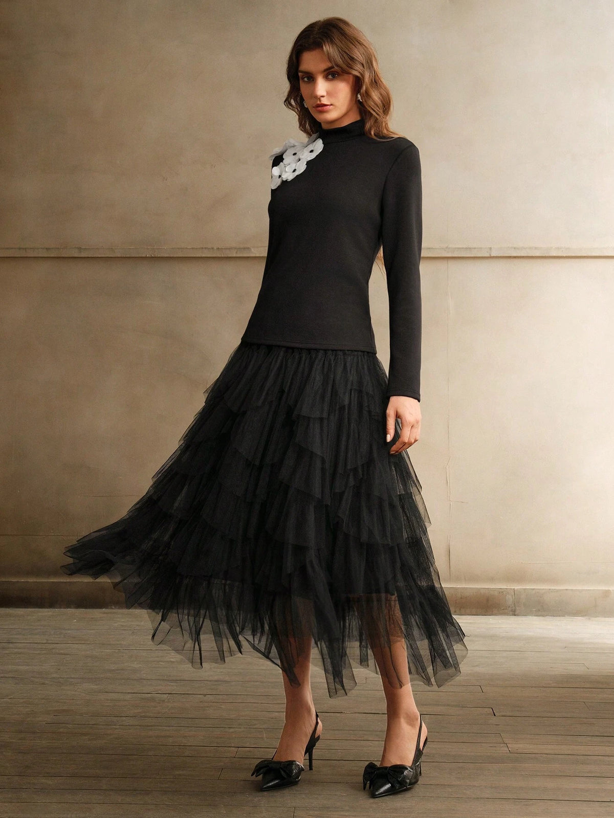 Elegant Petal Flower Jacquard Knit Turtleneck Sweater