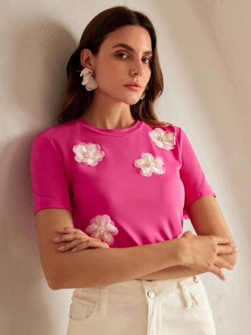 Elegant Stretch 3D Floral Print Short Sleeve T-Shirt In Rose Red And White Graphic Tees Women Tops