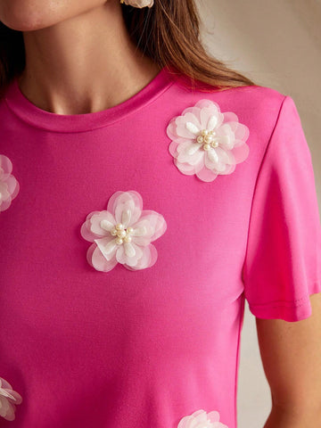 Elegant Stretch 3D Floral Print Short Sleeve T-Shirt In Rose Red And White Graphic Tees Women Tops