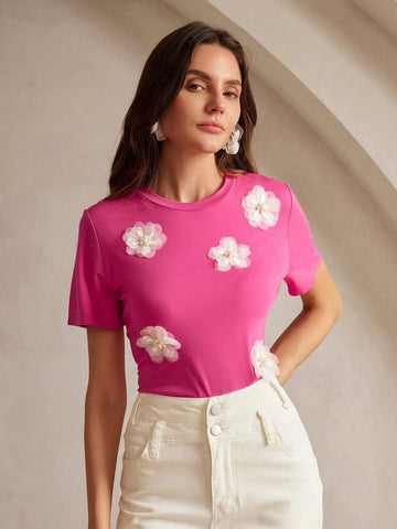 Elegant Stretch 3D Floral Print Short Sleeve T-Shirt In Rose Red And White Graphic Tees Women Tops