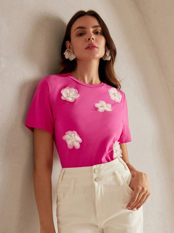 Elegant Stretch 3D Floral Print Short Sleeve T-Shirt In Rose Red And White Graphic Tees Women Tops