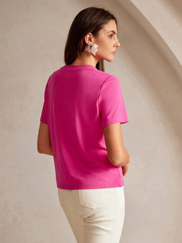 Elegant Stretch 3D Floral Print Short Sleeve T-Shirt In Rose Red And White Graphic Tees Women Tops