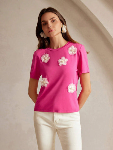 Elegant Stretch 3D Floral Print Short Sleeve T-Shirt In Rose Red And White Graphic Tees Women Tops