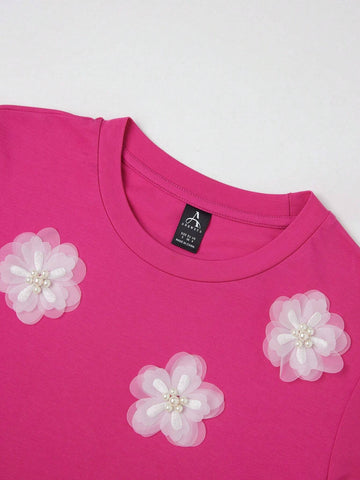 Elegant Stretch 3D Floral Print Short Sleeve T-Shirt In Rose Red And White Graphic Tees Women Tops