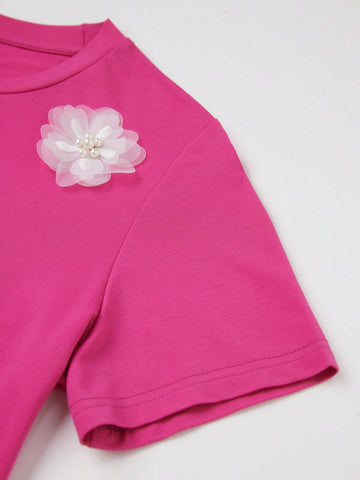 Elegant Stretch 3D Floral Print Short Sleeve T-Shirt In Rose Red And White Graphic Tees Women Tops