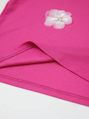 Elegant Stretch 3D Floral Print Short Sleeve T-Shirt In Rose Red And White Graphic Tees Women Tops