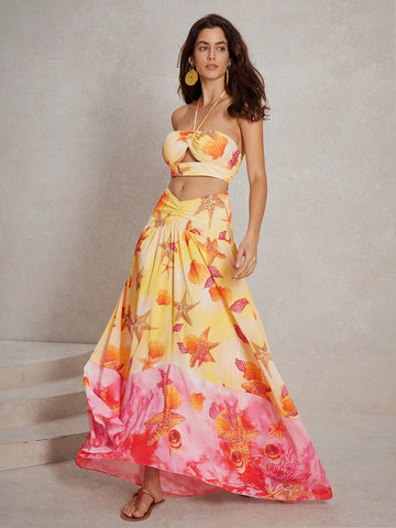 Anewsta Elegant Vacation Style Colorful Ombre Starfish Printed Hollow Out Long Halterneck Dress
