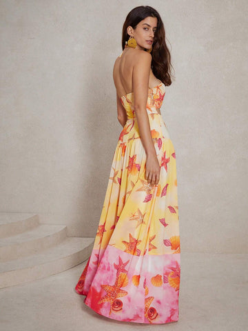 Anewsta Elegant Vacation Style Colorful Ombre Starfish Printed Hollow Out Long Halterneck Dress