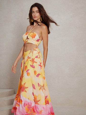 Anewsta Elegant Vacation Style Colorful Ombre Starfish Printed Hollow Out Long Halterneck Dress
