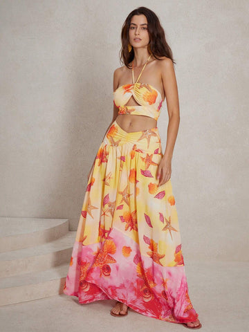 Anewsta Elegant Vacation Style Colorful Ombre Starfish Printed Hollow Out Long Halterneck Dress