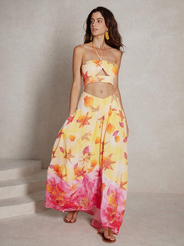 Anewsta Elegant Vacation Style Colorful Ombre Starfish Printed Hollow Out Long Halterneck Dress
