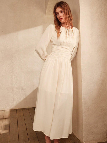 Anewsta Elegant White Slim Fit Woven Dress For Lady's Cocktail Party