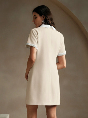 Anewsta Elegant Women's Pearl Embellished Collar Short Sleeve Dress