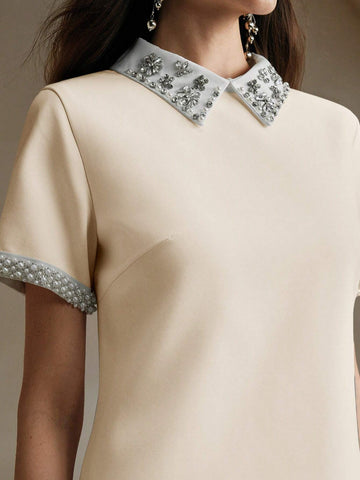 Anewsta Elegant Women's Pearl Embellished Collar Short Sleeve Dress