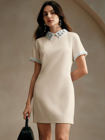 Anewsta Elegant Women's Pearl Embellished Collar Short Sleeve Dress
