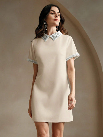 Anewsta Elegant Women's Pearl Embellished Collar Short Sleeve Dress