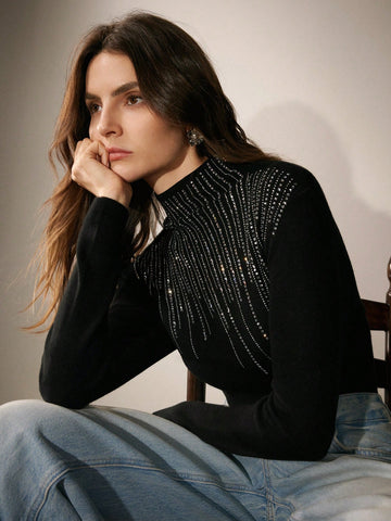Embellished Rhinestone Half High Neck Long Sleeve Knit T-Shirt, Autumn/Winter For Spring Outfit
