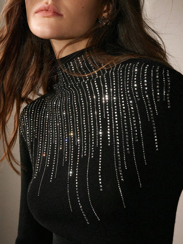 Embellished Rhinestone Half High Neck Long Sleeve Knit T-Shirt, Autumn/Winter For Spring Outfit