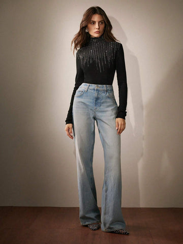 Embellished Rhinestone Half High Neck Long Sleeve Knit T-Shirt, Autumn/Winter For Spring Outfit