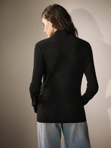 Embellished Rhinestone Half High Neck Long Sleeve Knit T-Shirt, Autumn/Winter For Spring Outfit