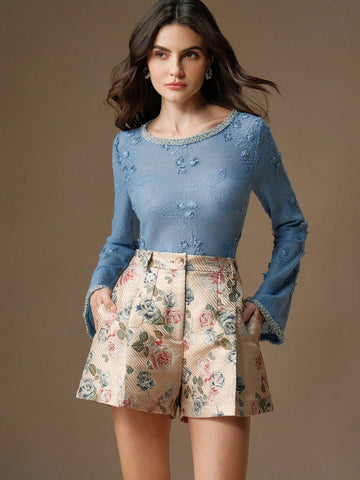 Anewsta Embroidered Pleated High Waist A-Line Wide Leg Women Shorts