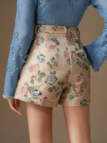 Anewsta Embroidered Pleated High Waist A-Line Wide Leg Women Shorts