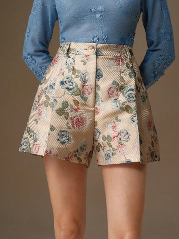 Anewsta Embroidered Pleated High Waist A-Line Wide Leg Women Shorts