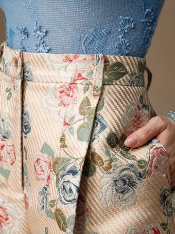 Anewsta Embroidered Pleated High Waist A-Line Wide Leg Women Shorts