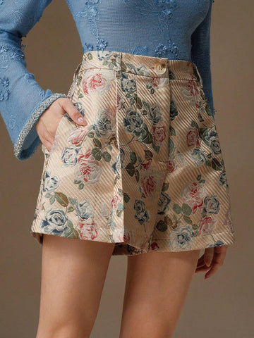 Anewsta Embroidered Pleated High Waist A-Line Wide Leg Women Shorts