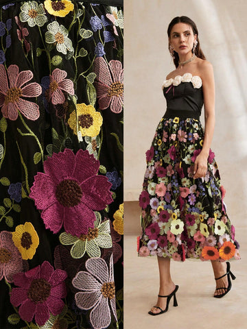 Anewsta Exquisite 3D Flower Elegant Black Umbrella Skirt For Women
