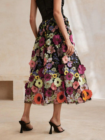 Anewsta Exquisite 3D Flower Elegant Black Umbrella Skirt For Women