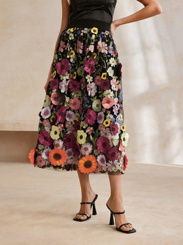 Anewsta Exquisite 3D Flower Elegant Black Umbrella Skirt For Women
