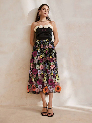 Anewsta Exquisite 3D Flower Elegant Black Umbrella Skirt For Women