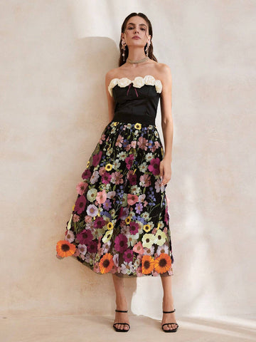 Anewsta Exquisite 3D Flower Elegant Black Umbrella Skirt For Women