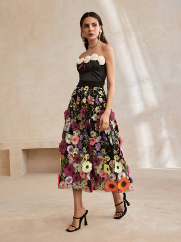 Anewsta Exquisite 3D Flower Elegant Black Umbrella Skirt For Women