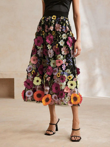 Anewsta Exquisite 3D Flower Elegant Black Umbrella Skirt For Women