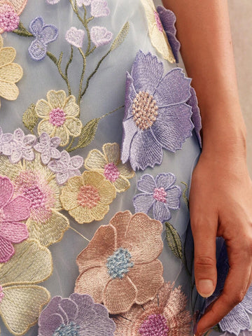 Anewsta Exquisite Elegant 3D Floral Women's Square Neck Short Dress