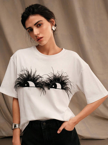 Feather Eye Design Women's White Cotton T-Shirt