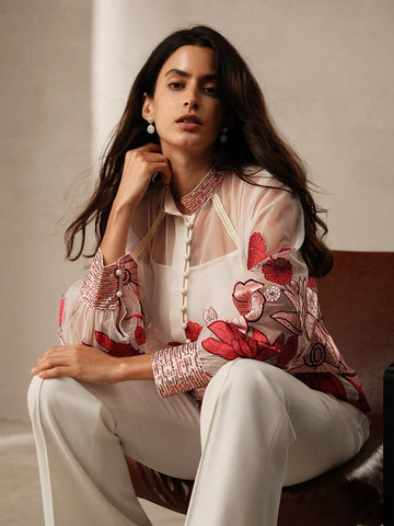Anewsta Exquisite Flower Embroidery & Beaded Decorated Women Sheer Stand Collar Long Sleeve Shirt