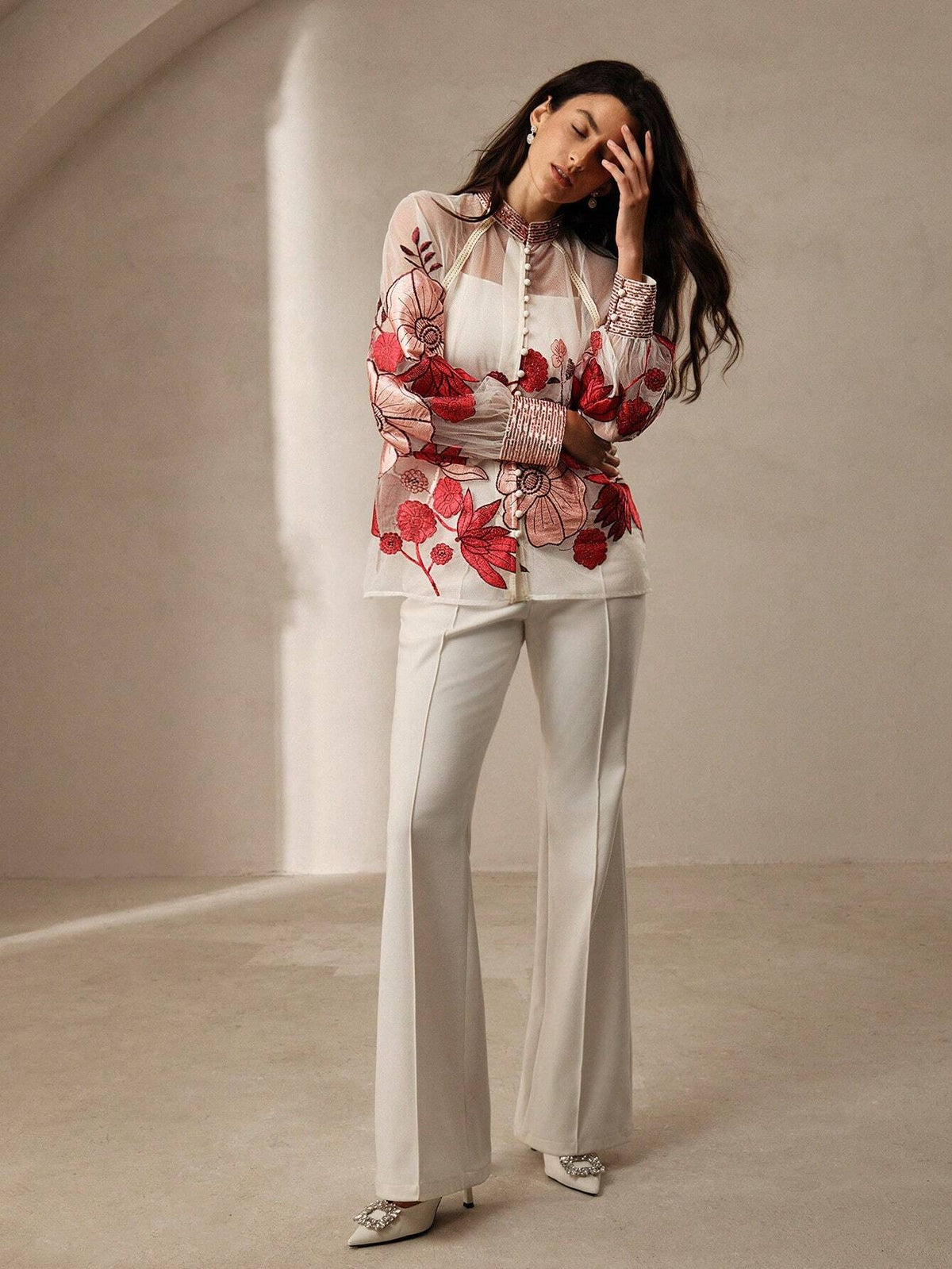 Anewsta Exquisite Flower Embroidery & Beaded Decorated Women Sheer Stand Collar Long Sleeve Shirt