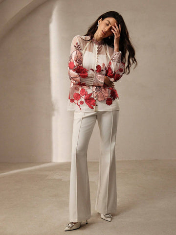 Anewsta Exquisite Flower Embroidery & Beaded Decorated Women Sheer Stand Collar Long Sleeve Shirt