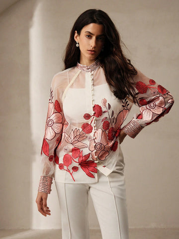 Anewsta Exquisite Flower Embroidery & Beaded Decorated Women Sheer Stand Collar Long Sleeve Shirt