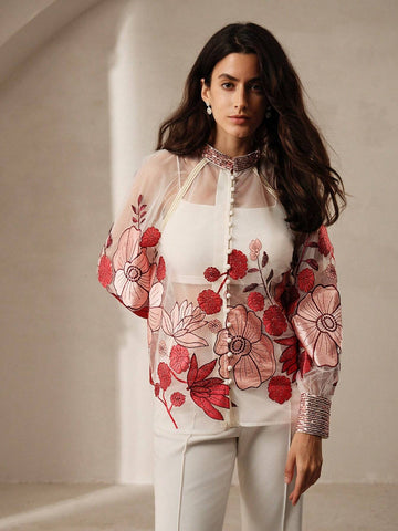 Anewsta Exquisite Flower Embroidery & Beaded Decorated Women Sheer Stand Collar Long Sleeve Shirt