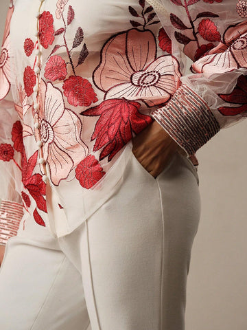 Anewsta Exquisite Flower Embroidery & Beaded Decorated Women Sheer Stand Collar Long Sleeve Shirt