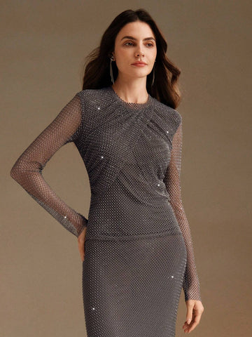 Fashion Brown Rhinestone Mesh Wrap Top Graphic Tees Women Tops